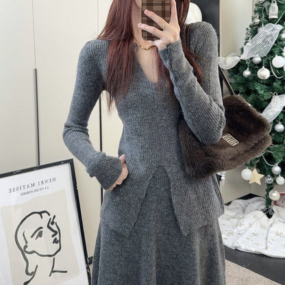 Damen Rippstrickpullover V-Ausschnitt Lässig Eveloria