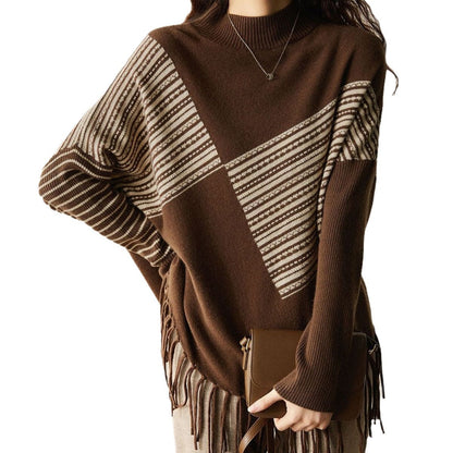 Damen Strickpullover Geometrisches Muster Fransen