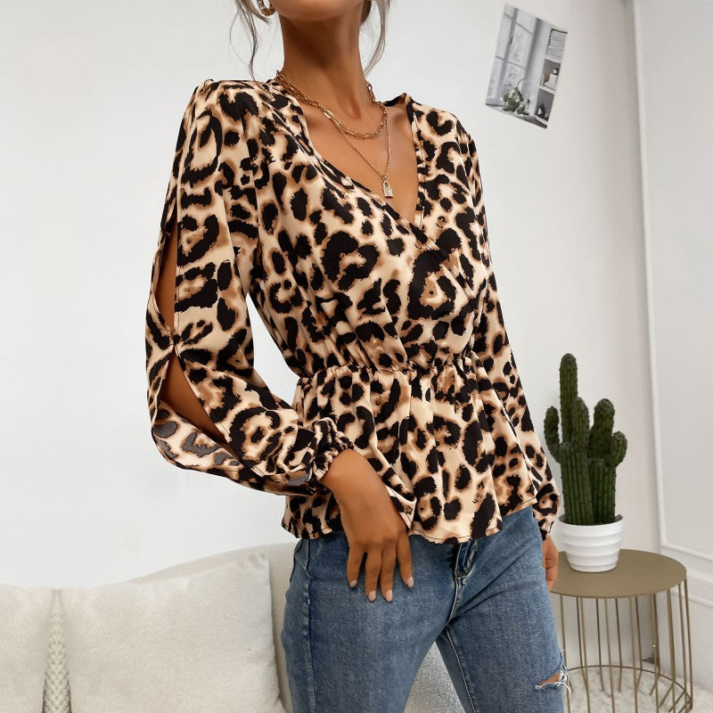 Damen Bluse Leopardenmuster Rüschendetails Eveloria