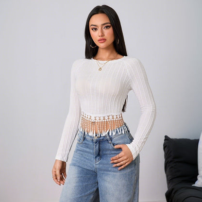 Damen Cropped Langarmshirt mit Fransen-Details