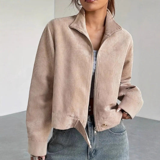 Damen Cordjacke Cropped Relaxed Fit Reißverschluss Schwarz - Eveloria