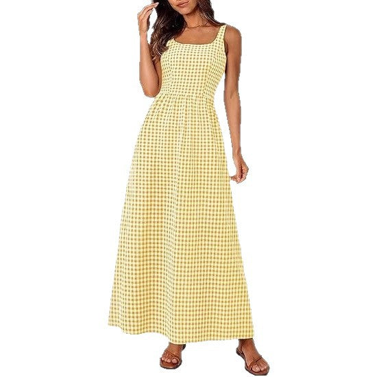 Damen Maxikleid Karomuster Elastisch