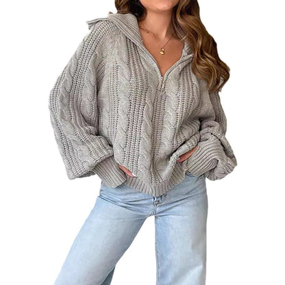 Damen Strickpullover mit Kapuze und Reißverschluss Grau