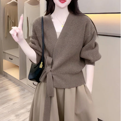 Damen Wickelpullover Breite Ärmel Taillengürtel Eveloria
