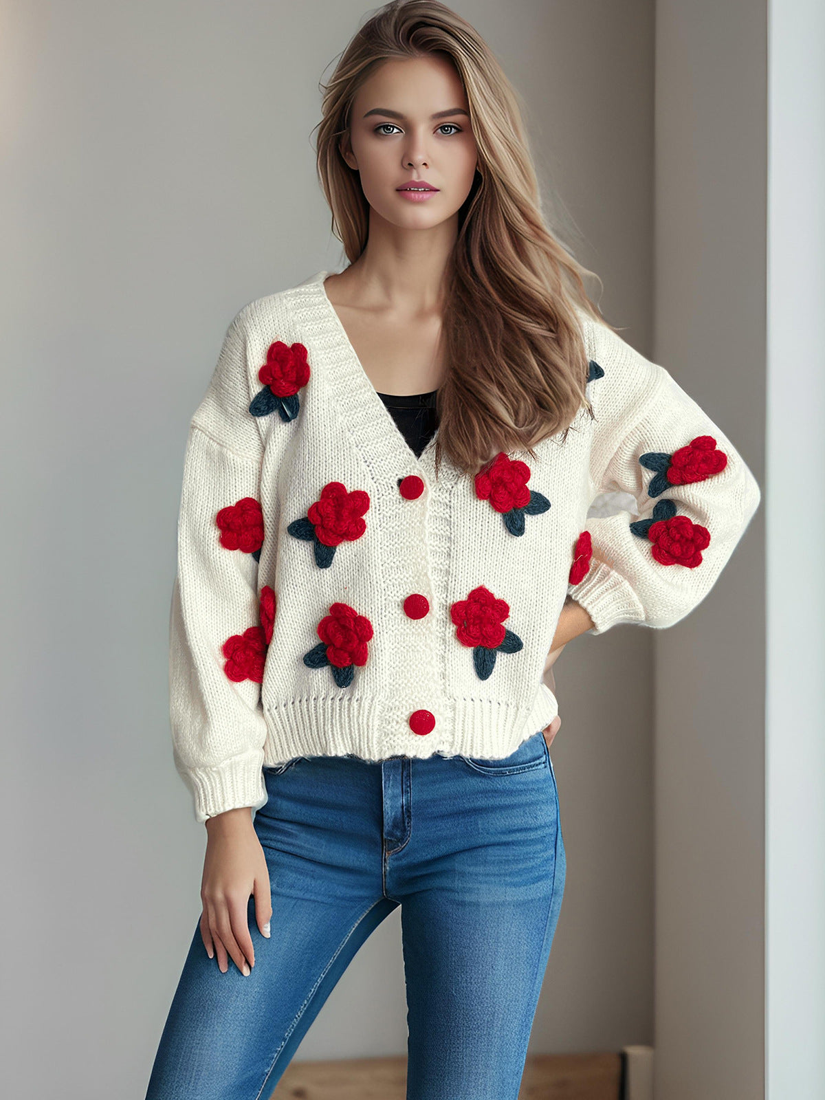 Damen Strickjacke Florales 3D-Design Große Knöpfe