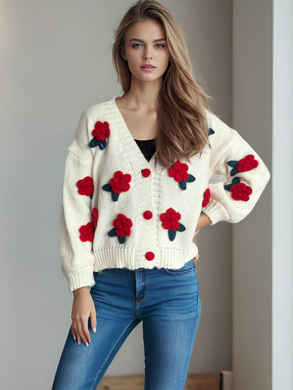 Damen Strickjacke Florales 3D-Design Große Knöpfe