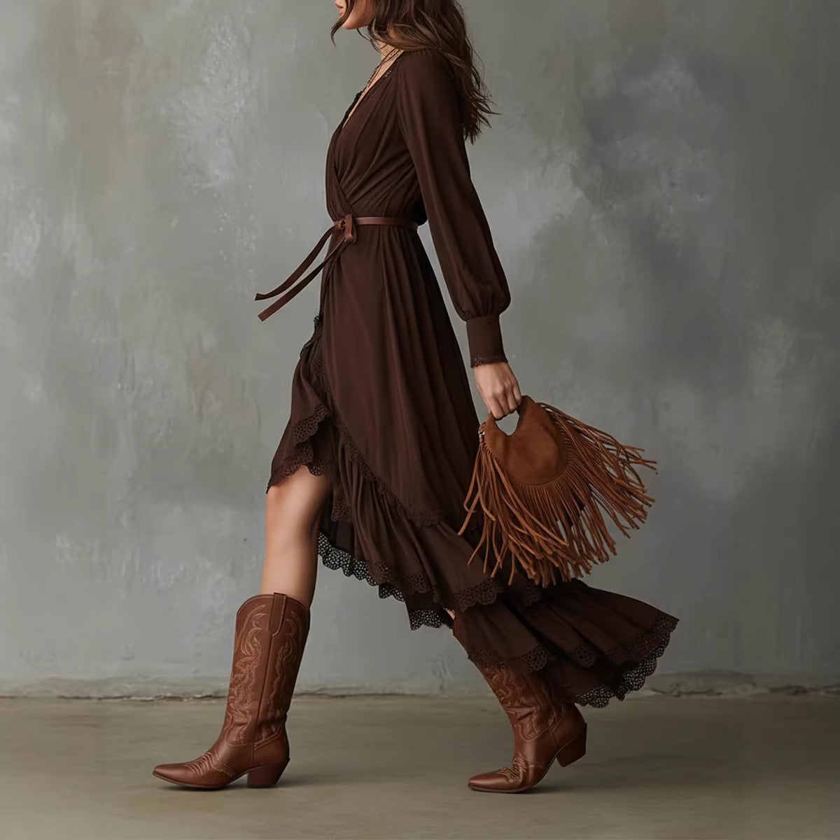 Damen Wickelkleid Spitzendetails Fließender Saum Eveloria