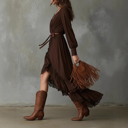 Damen Wickelkleid Spitzendetails Fließender Saum Eveloria