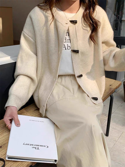 Damen Strickjacke Elegant Knöpfe Beige