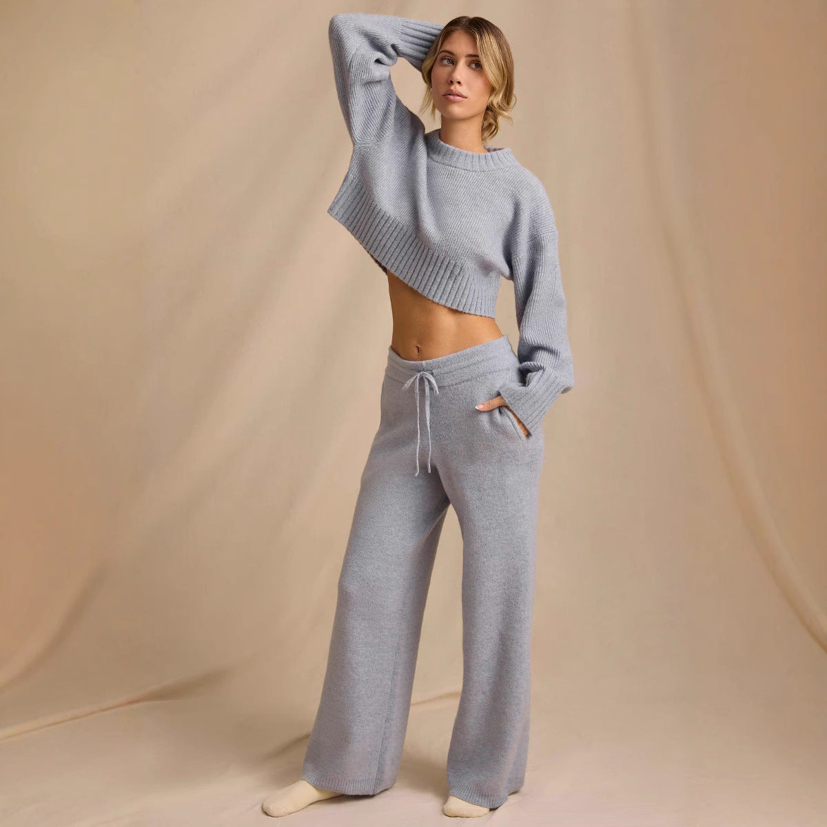 Damen Strick-Set Cropped Pullover Weite Hose Beige
