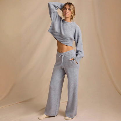 Damen Strick-Set Cropped Pullover Weite Hose Beige