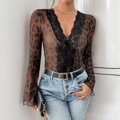 Damen Bluse Spitzenapplikation Transparent Eveloria