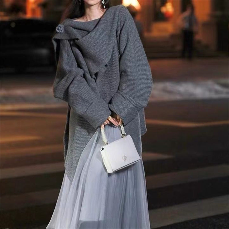 Damen Oversized Strickpullover Asymmetrisch Weich Grau Eveloria