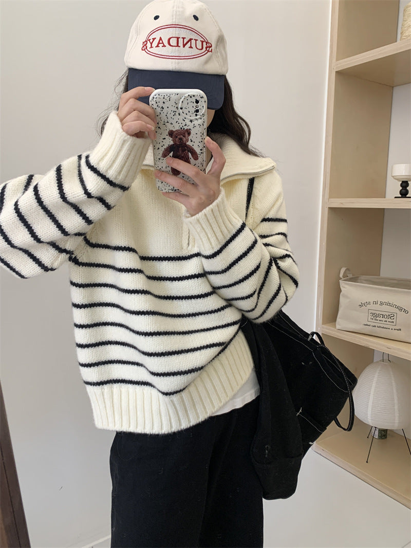 Damen Strickpullover Sportlicher Kragen Streifenmuster Eveloria