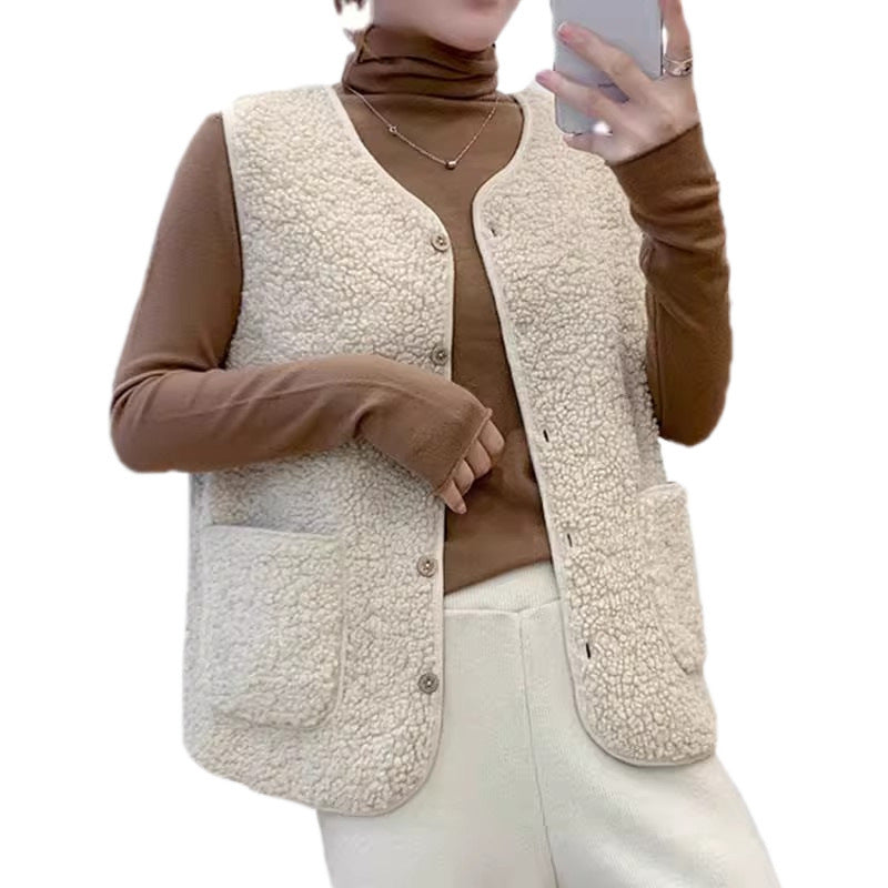 Damen Teddy-Fleeceweste mit Taschen und Knopfverschluss