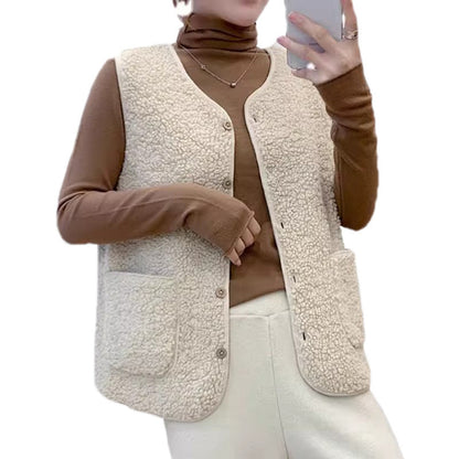 Damen Teddy-Fleeceweste mit Taschen und Knopfverschluss