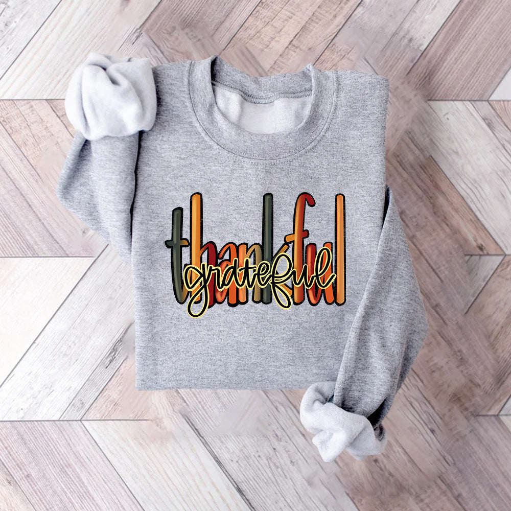 Damen Sweatshirt Thankful Schriftzug Bequem Grau
