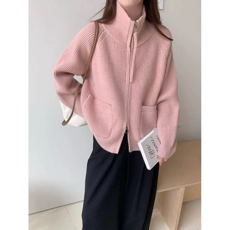 Damen Strickjacke Hochkragen Mit Taschen Eveloria