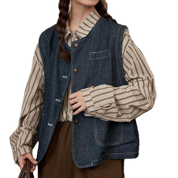 Damen Denimweste Mit Knopfverschluss Und Taschen Blau Eveloria