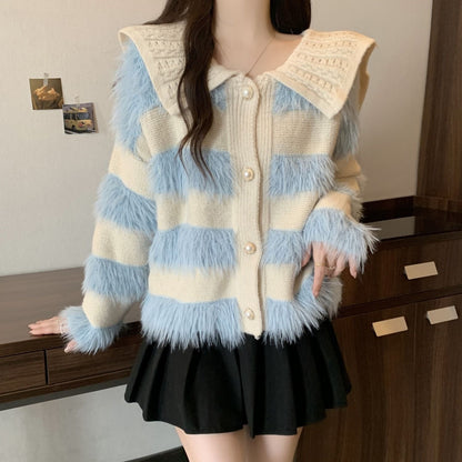 Damen Strickjacke Geflochtener Kragen Kunstfell