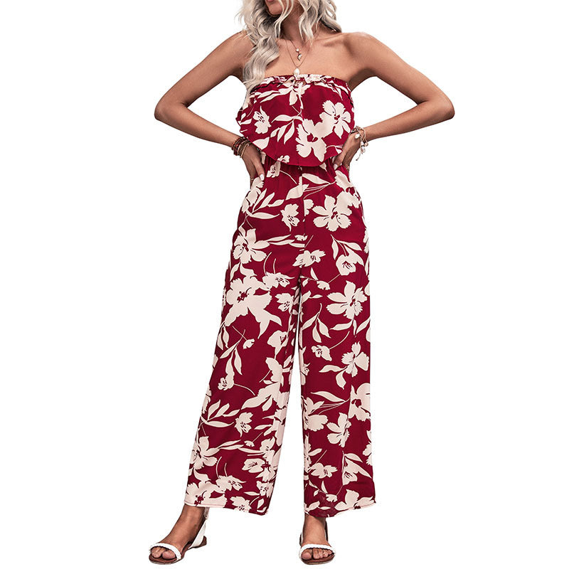 Damen Jumpsuit Florale Rüschen Atmungsaktives Material Weiß
