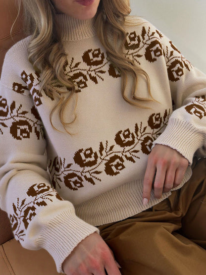 Damen Strickpullover Florales Muster Hochkragen