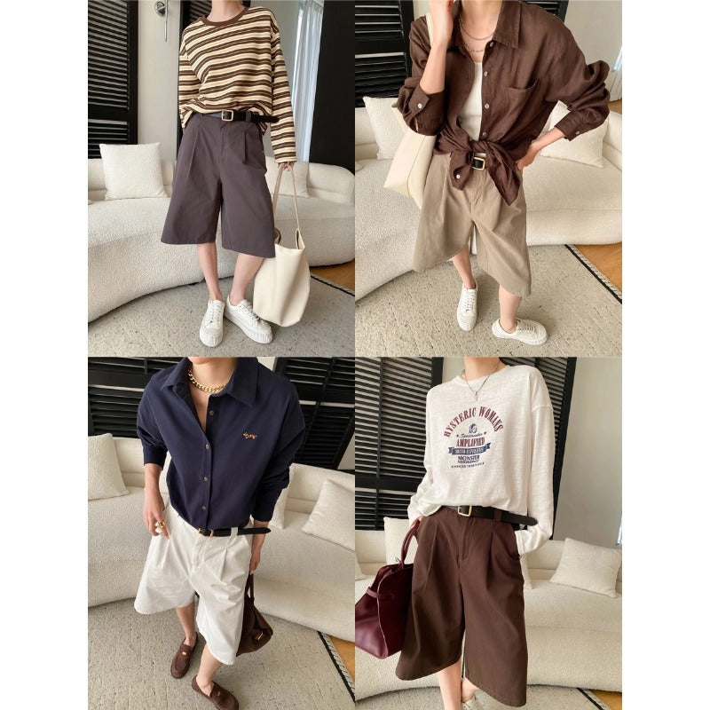 Damen Chino Shorts Hochwertig Falten Gürtel Detail Beige