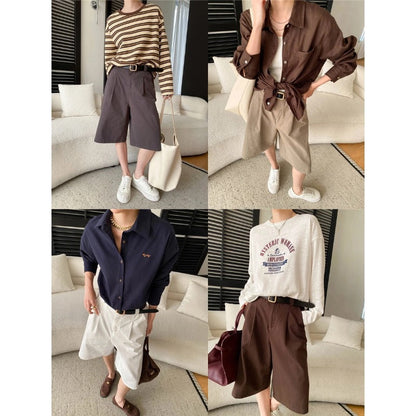Damen Chino Shorts Hochwertig Falten Gürtel Detail Beige