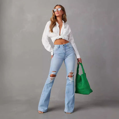 Damen Flared Jeans Destroyed Effekt Blau Eveloria