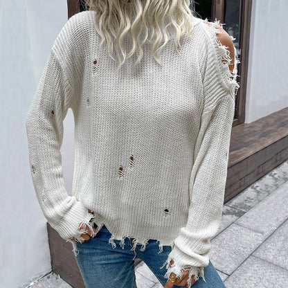 Damen Strickpullover Lässig Cut-Outs Vintage-Look Beige - Eveloria