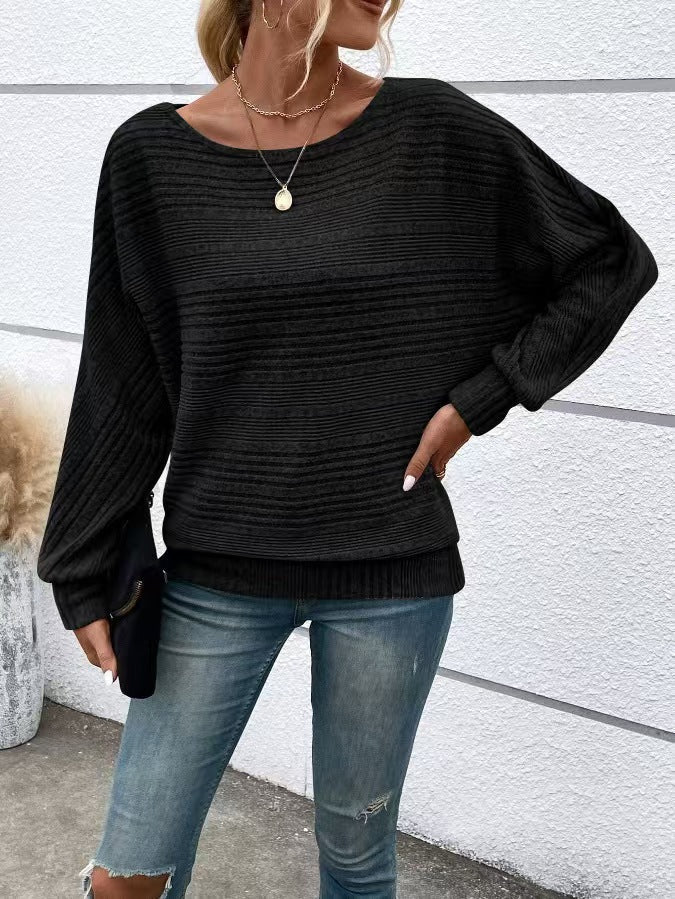 Damen Pullover Strukturiertes Streifenmuster Weite Ärmel Beige