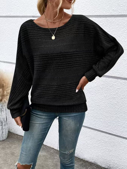 Damen Pullover Strukturiertes Streifenmuster Weite Ärmel Beige