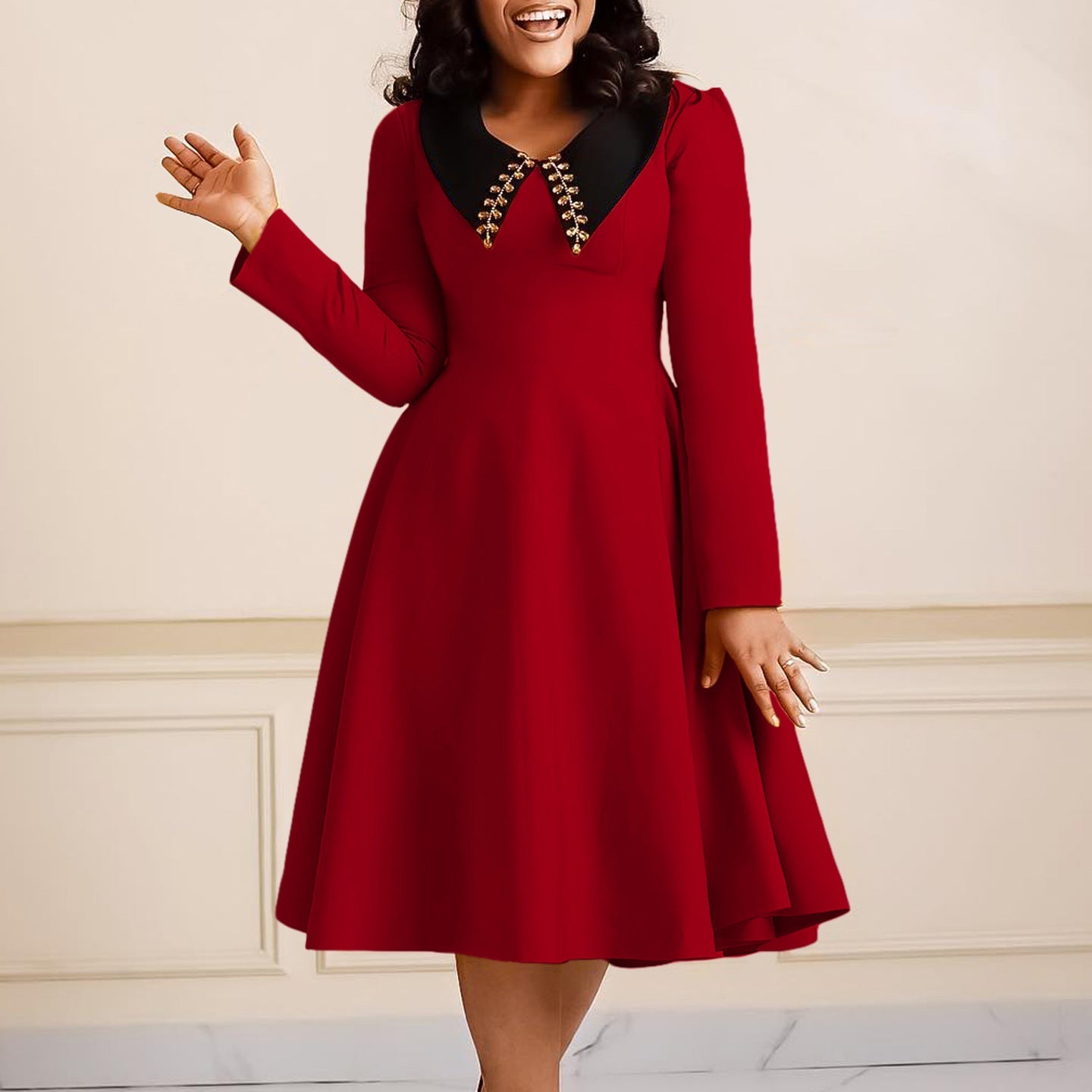 Damen Kleid Eleganter Kragen Voluminöser Rock