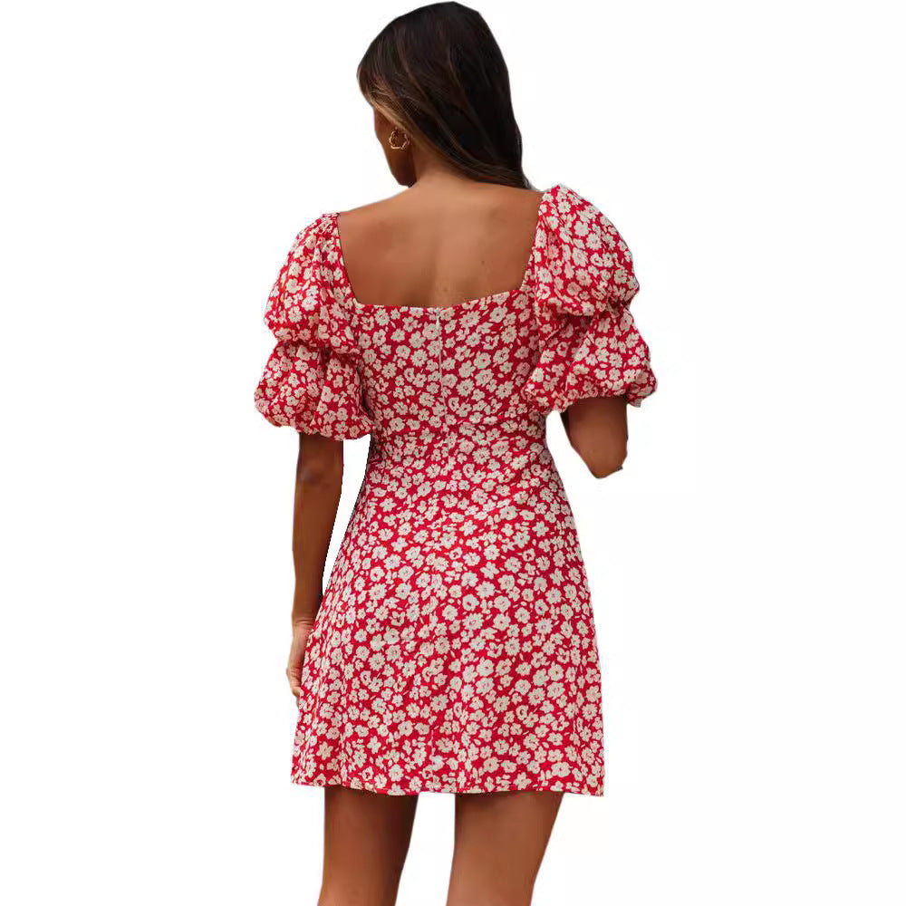 Damen Minikleid Puffärmel Floralmuster Eveloria
