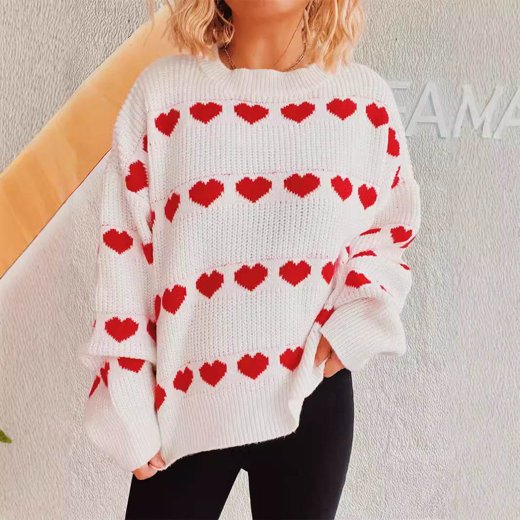 Damen Pullover Romantisches Herzmuster Kuschelfleece Rosa - Eveloria