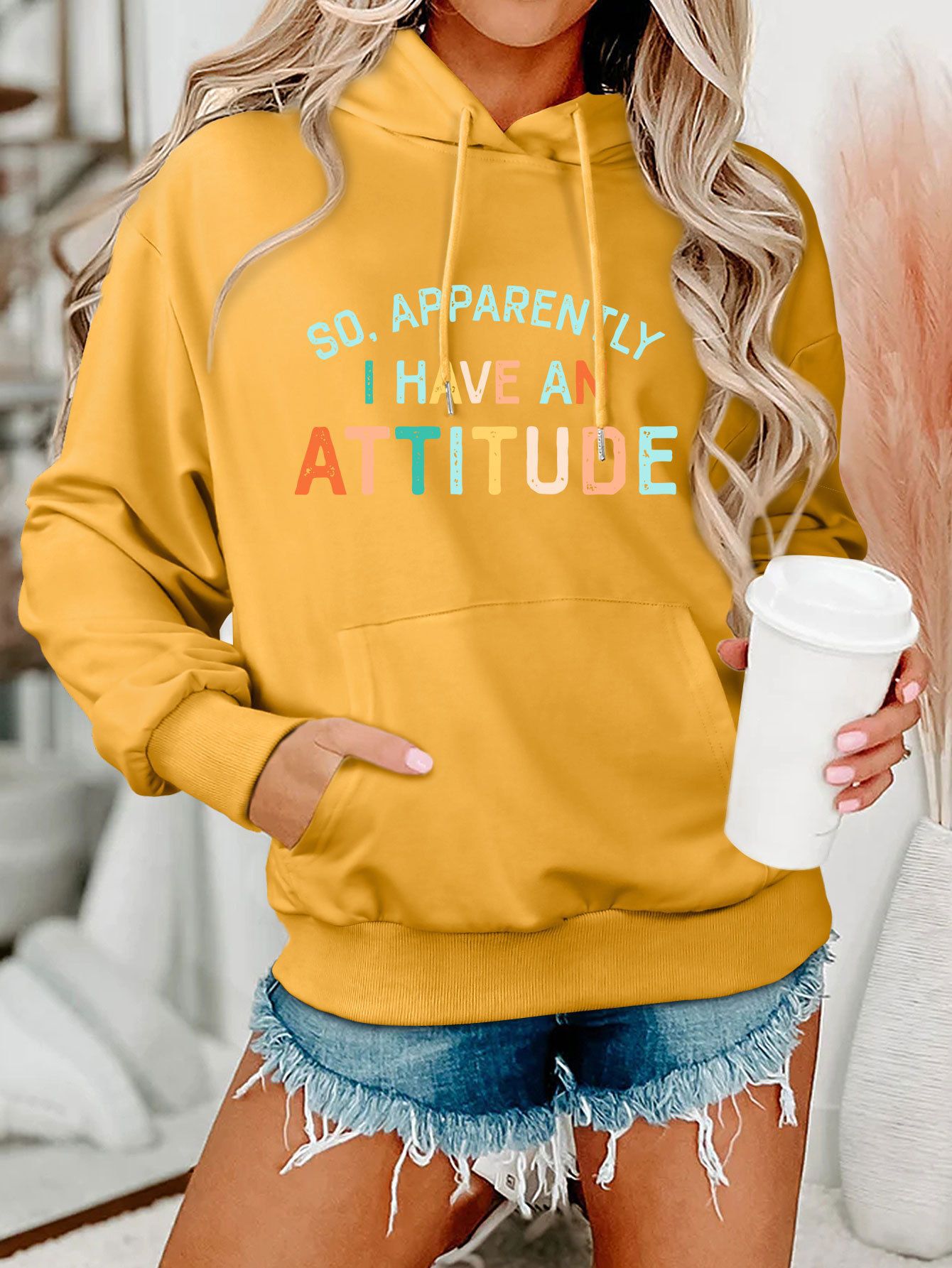 Damen Kapuzenpullover Lässig Mit Schriftzug Grau Eveloria