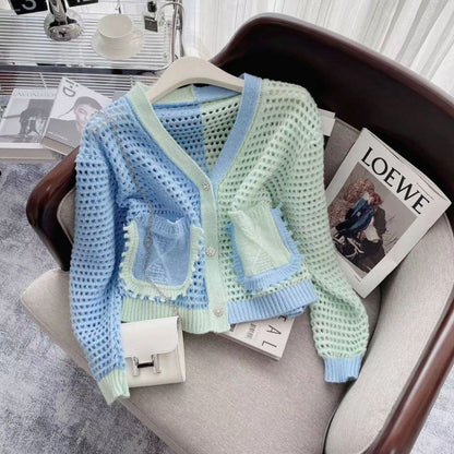 Damen Strickcardigan Luftig Netzstruktur Beige mit Taschen