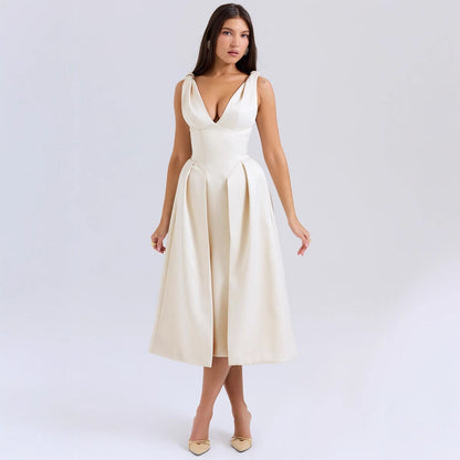 Damen Midikleid V-Ausschnitt Elegant Falten Eveloria