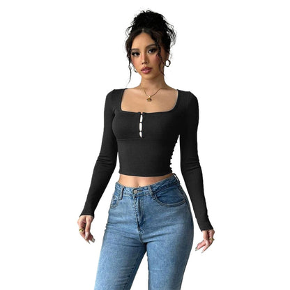 Damen Langarm Crop Knopfverzierung Elegantes Design Eveloria