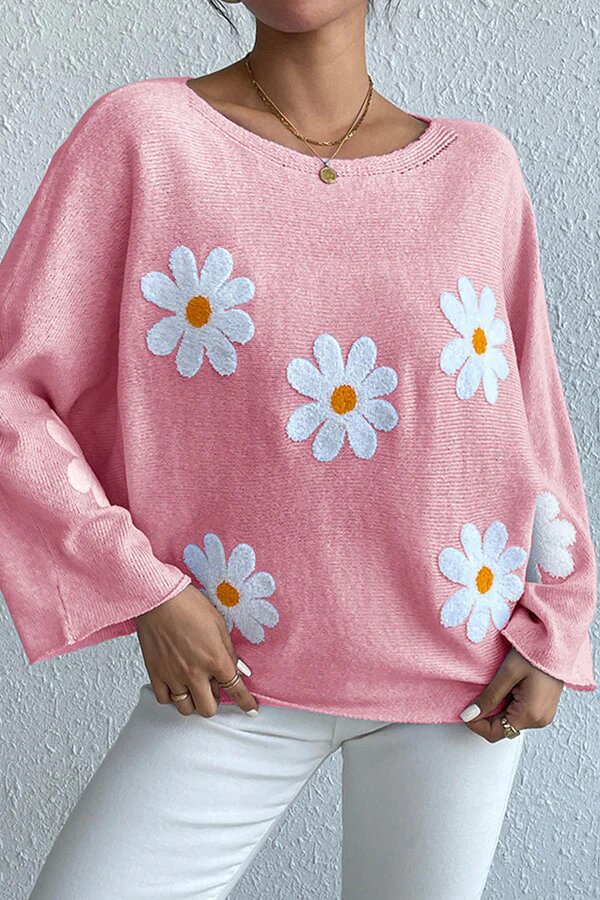 Damen Strickpullover Blumendesign Weit