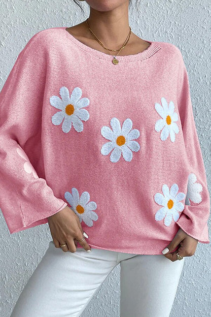 Damen Strickpullover Blumendesign Weit