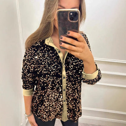 Damen Paillettenbluse Klassischer Kragen Glitzer Effekt