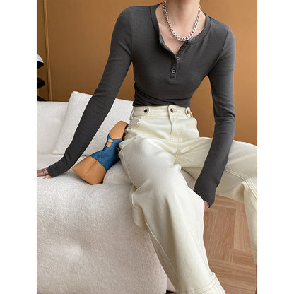 Damen Langarmshirt Knopfleiste Casual Stil Weiße Farbe Eveloria