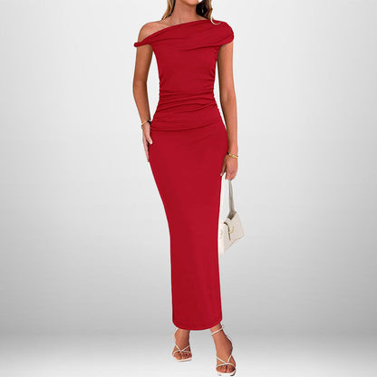 Damen Ärmelloses Maxikleid Asymmetrischer Ausschnitt Raffung