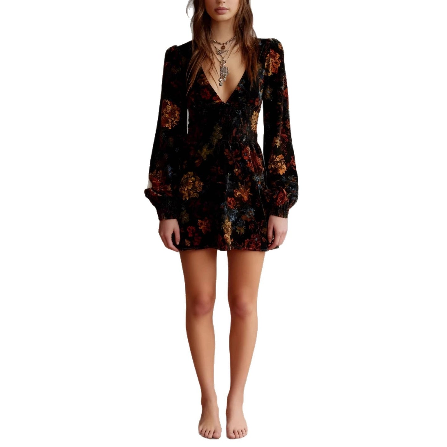 Damen Mini-Kleid Blumenmuster V-Ausschnitt Eveloria