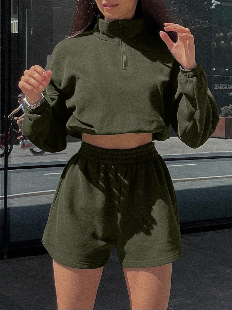 Damen Crop- Set Hochkragen Kürzere Hose Eveloria
