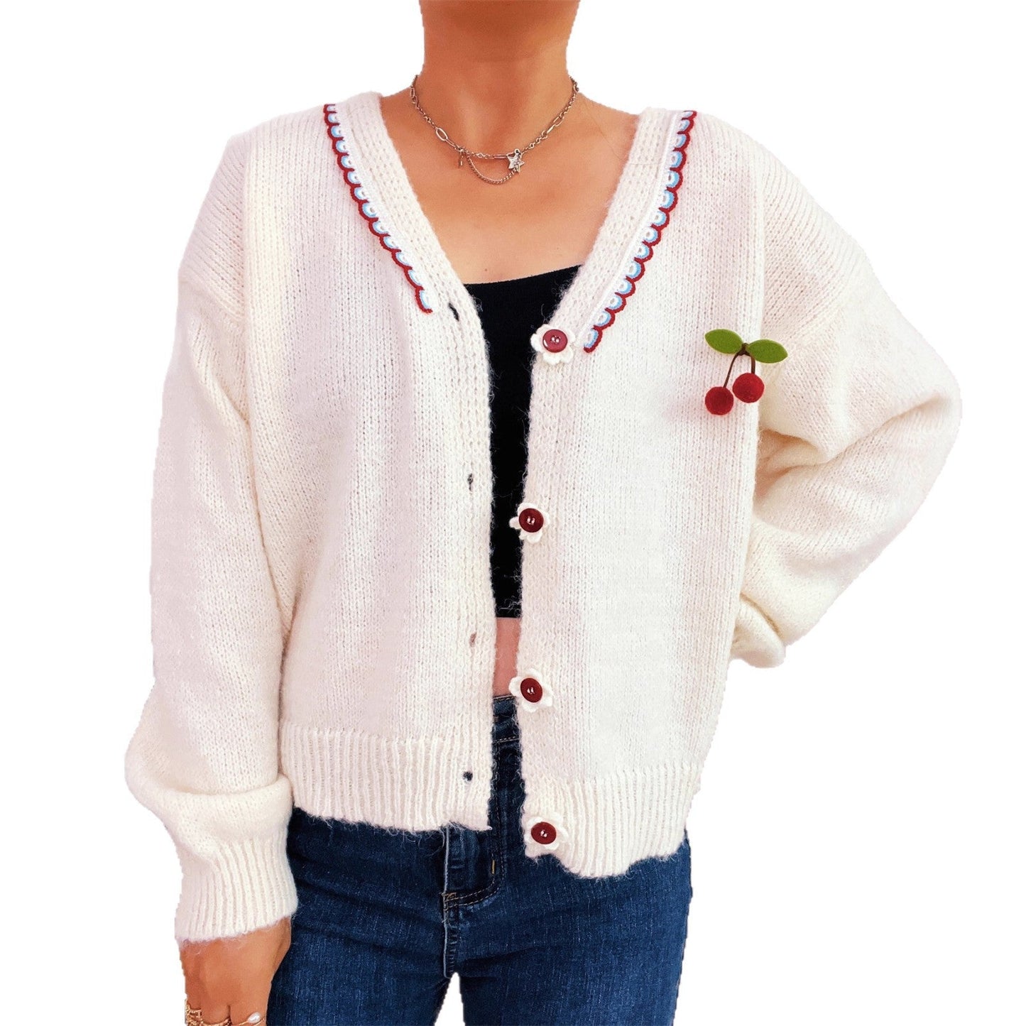 Damen Strickjacke Kuschelig Blütenmuster Beige