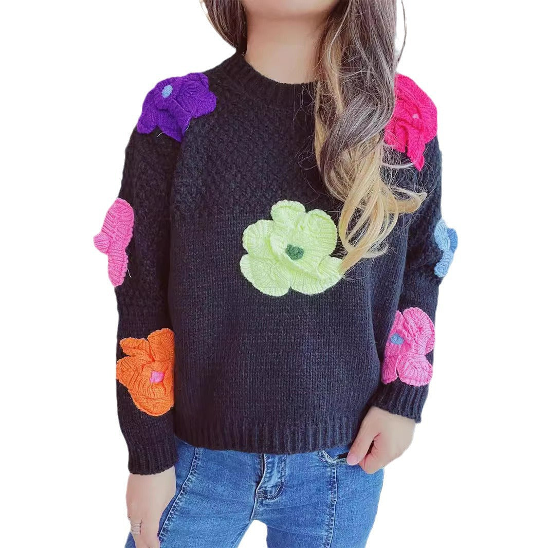 Damen Pullover Bunt Blumenapplikationen Eveloria
