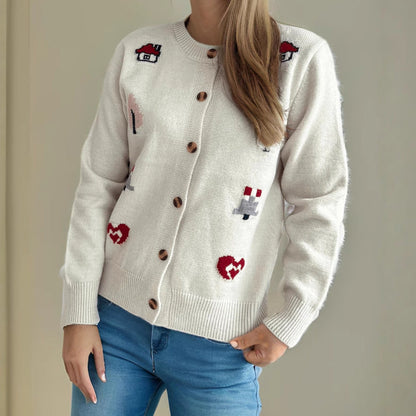 Damen Strickjacke Bunt Applikationen Knopfverschluss