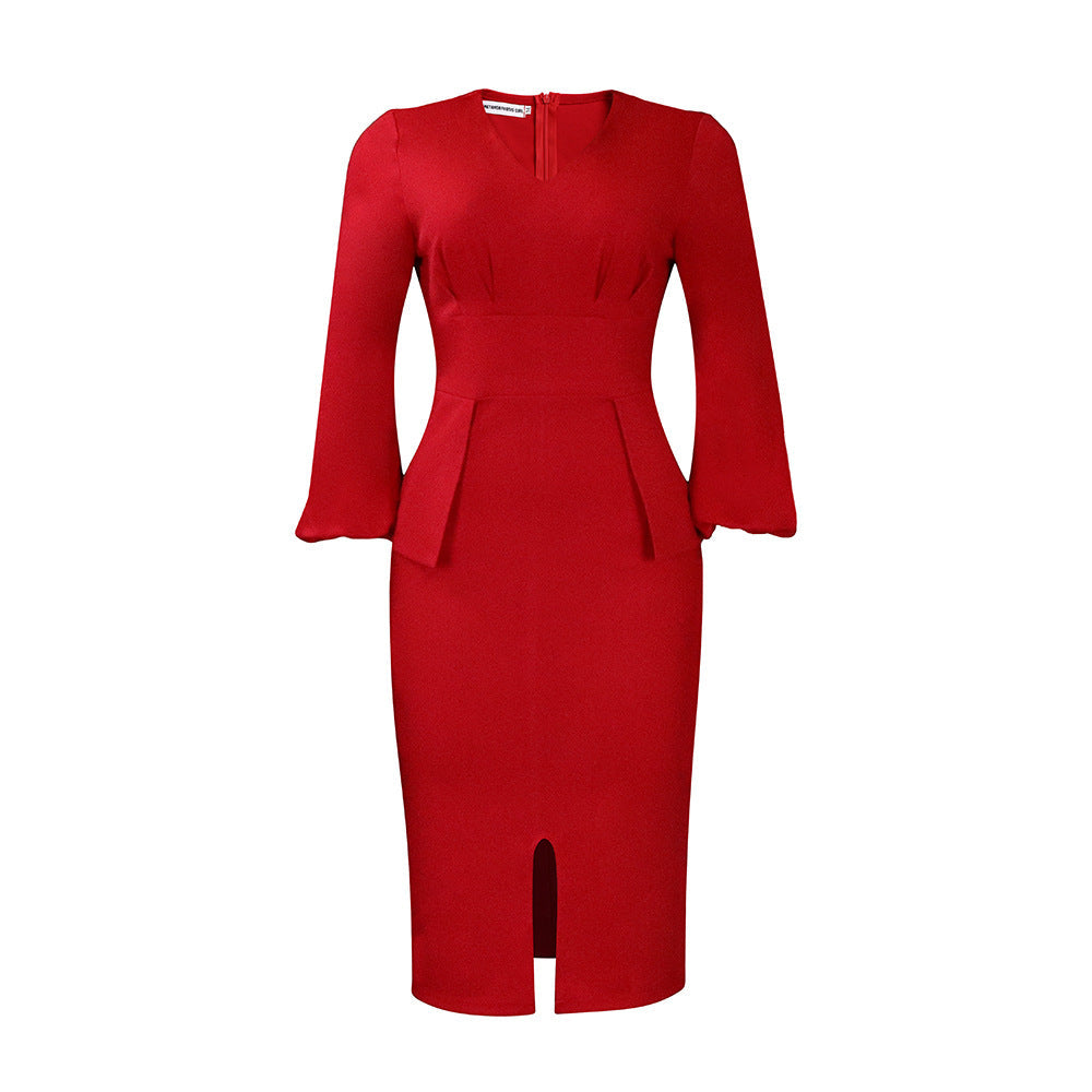 Damen Midi-Kleid Figurbetont Puffärmel Eveloria